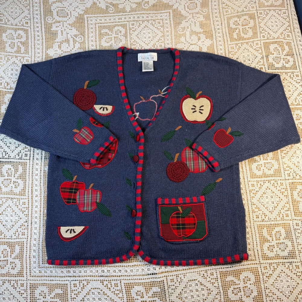 Mandal Bay Vintage Apple Patchwork Cardigan Sweater Navy Blue Ramie Cotton Sz L